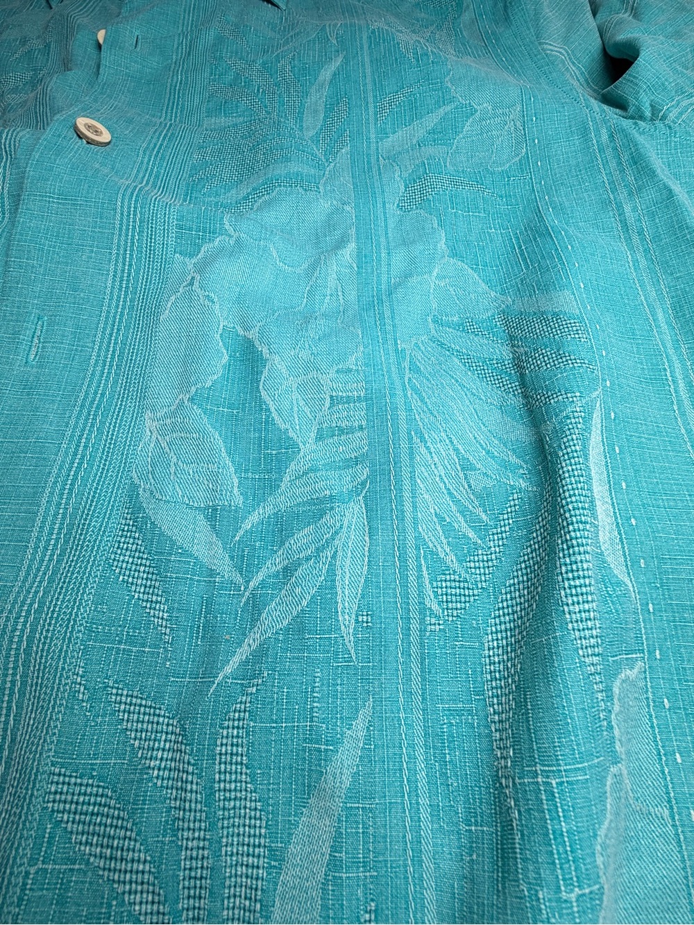 Tommy Bahama Men’s L 100% Silk Camp Shirt Teal Blue Floral Jacquard - Picture 8 of 8